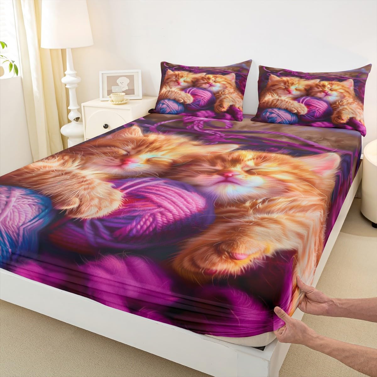 jejeloiu Cats Print Fitted Sheet with 1 Pillowcase Twin Size Purple Bed Sheets Set 16" Deep Pocket Boys Girls Cute Kitten Bedding Animal Teens Bedroom Decor Breathable Lightweight Microfiber