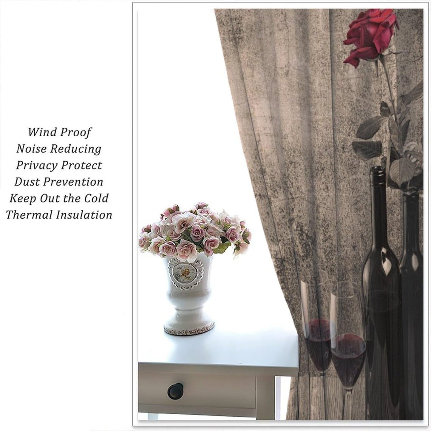Fblifil Farmhouse Wine Curtains Rustic Retro Rose Wooden Board Printed Rod Pocket Window Drapes for Living Room Bedroom Kitchen Cafe Bar Decor 42" W X 45" L