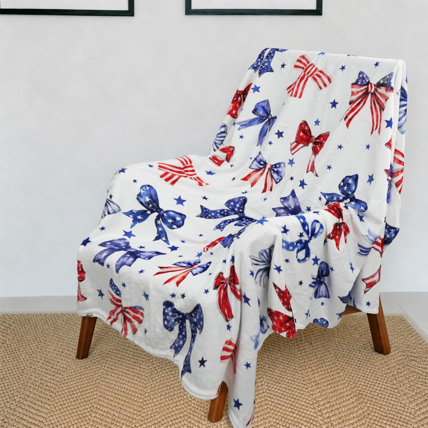 4th of July Throw Blanket American Flag Bows Fleece Flannel for Girls and Women Bows Gifts Soft Cozy Blankets Couch Bed Sofa Preppy Bedroom Cute Bow Decor 60"X50"
