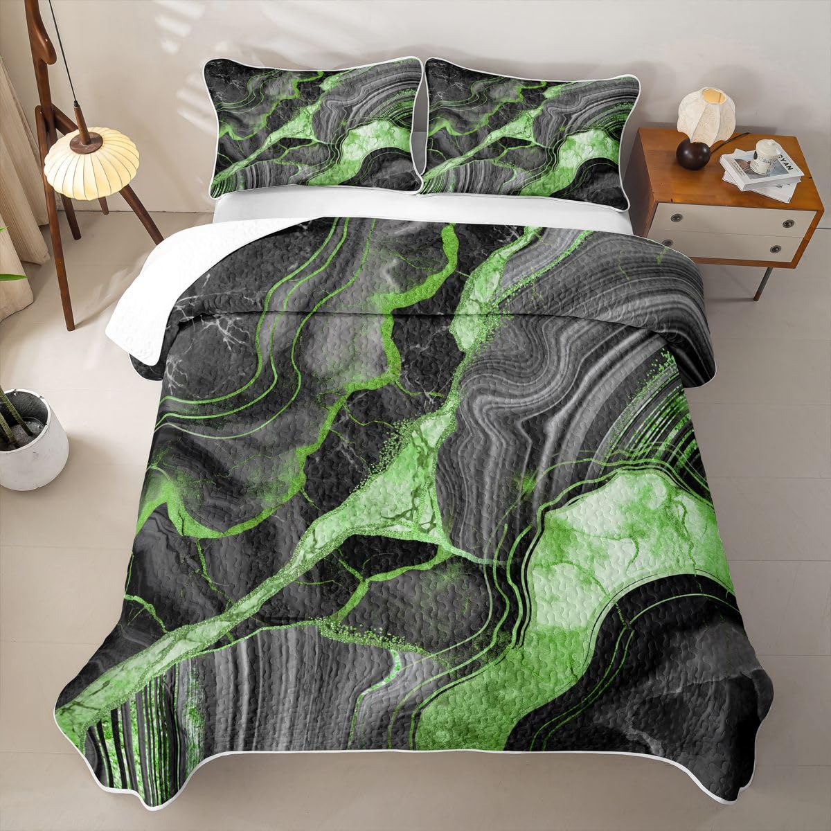 Erosebridal Black Marble Quilt Twin Green Bedding Quilt Set Gray Abstract Marbling Metallic Texture Quilted Bedspread Boho Hippie Fluid Black Coverlet