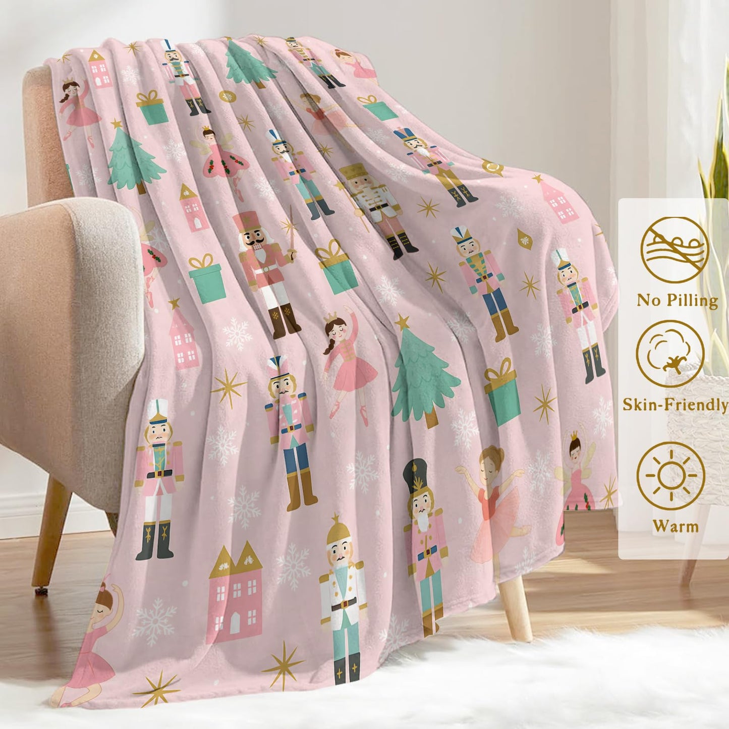 ainori Christmas Decorative Blanket, Nutcracker Fairy and Tree Print Throw Decoration, Soft Flannel Winter Blankets for Couch Bed Sofa, Holiday Home Decor, Xmas Festival Gifts Pink 50x60 Inch