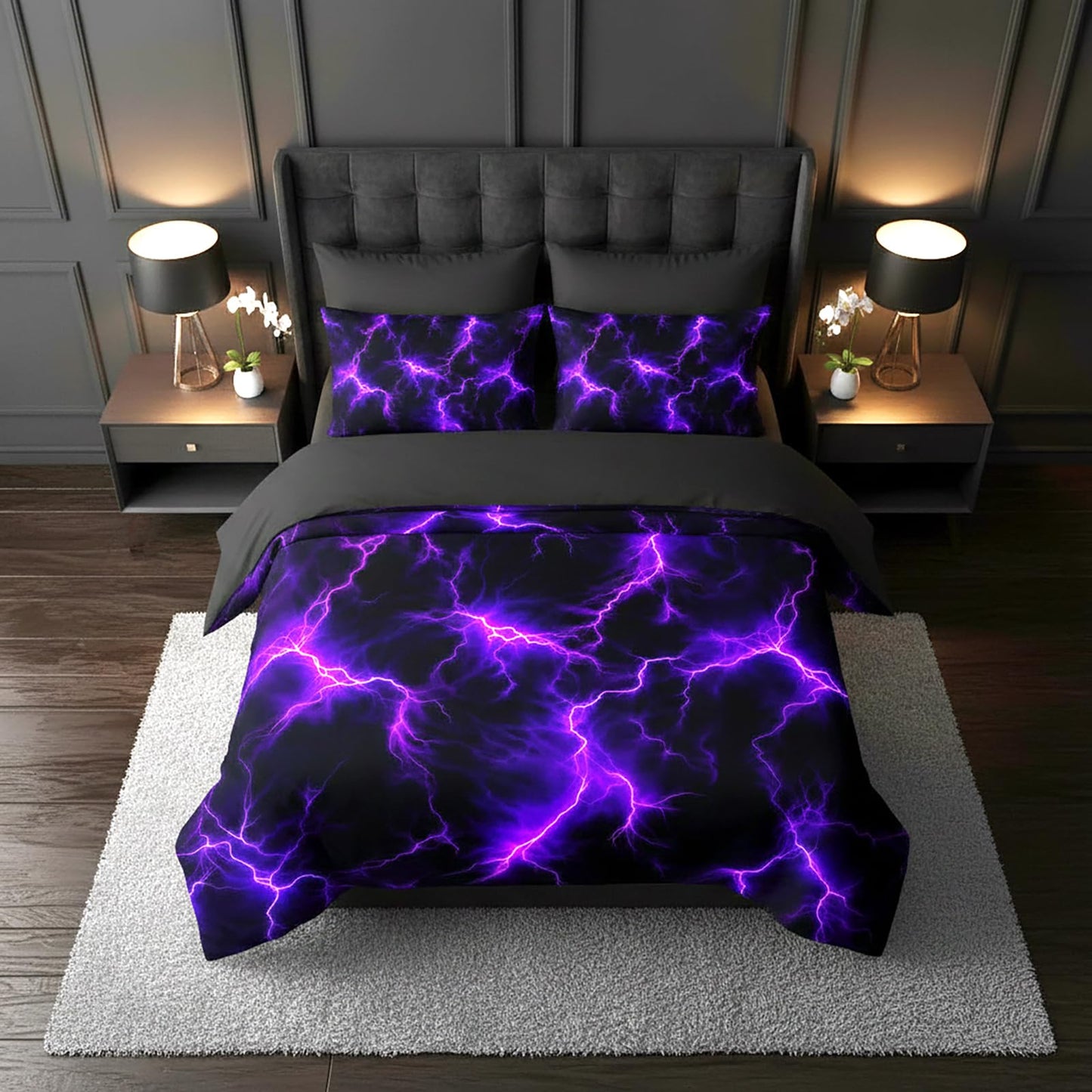 QOOMO Purple Lightning 7 Pieces Comforter Set Queen Size,Neon Lightning Bedding Set for Kids-Include 1 Comforter,1 Fitted Sheet,1 Flat Sheet,2 Printing Pillowcases and 2 Black Pillowcases