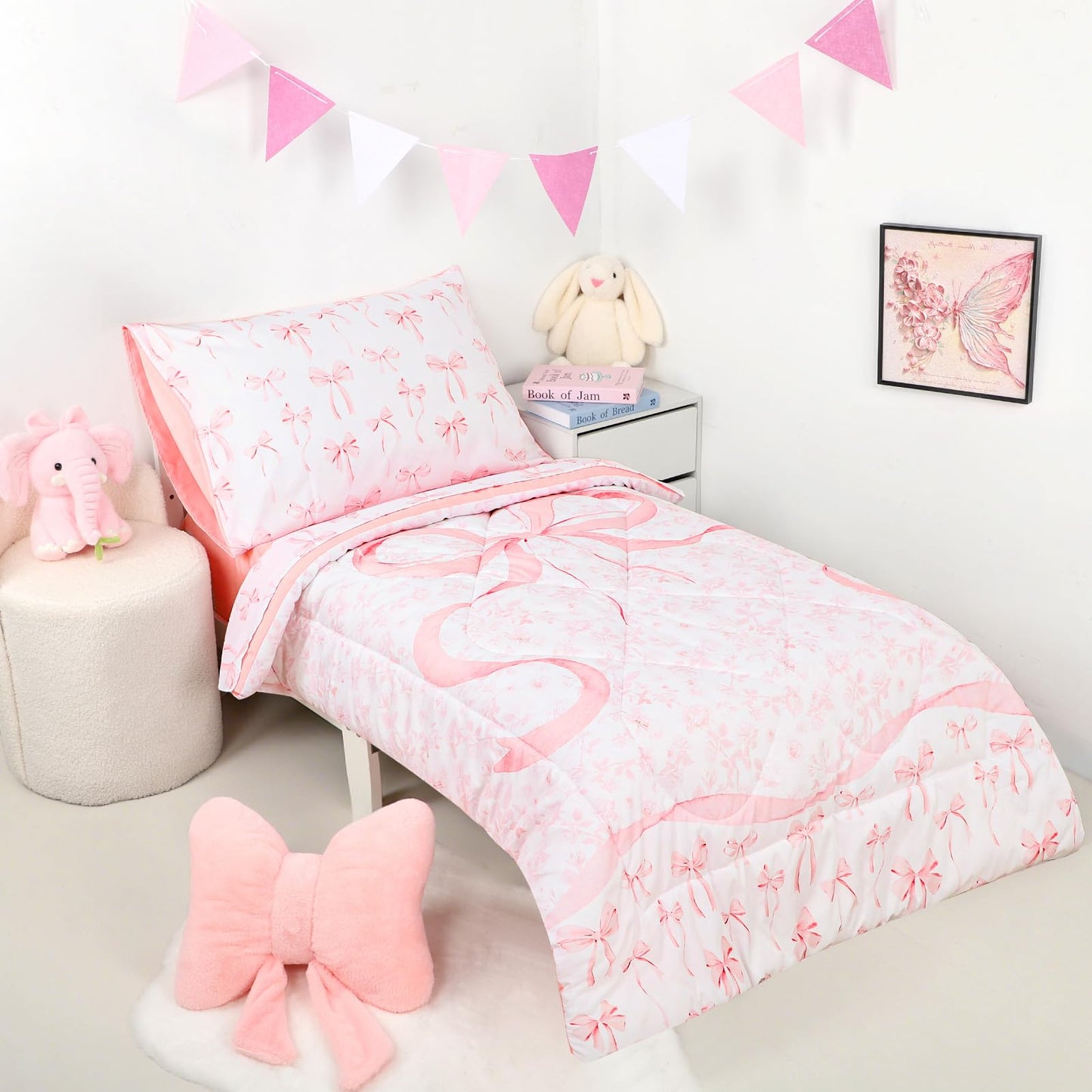 DAYEEBALL 4 Piece Toddler Bedding Set, Ultra Soft and Breathable Toddler Comforter Sets for GirlsIncludes Quilted Comforter, Fitted Sheet, Flat Sheet and Pillowcase, Pink Bow