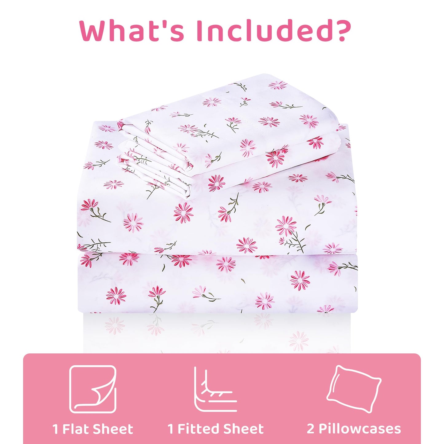 Mooreeke Cozy Vintage Microfiber Printed Floral Queen Sheet Set - Soft & Breathable Pink Daisy Bed Sheets with Extra Deep Pocket - Non-Slip Fitted Design - Daisy Pattern - Queen