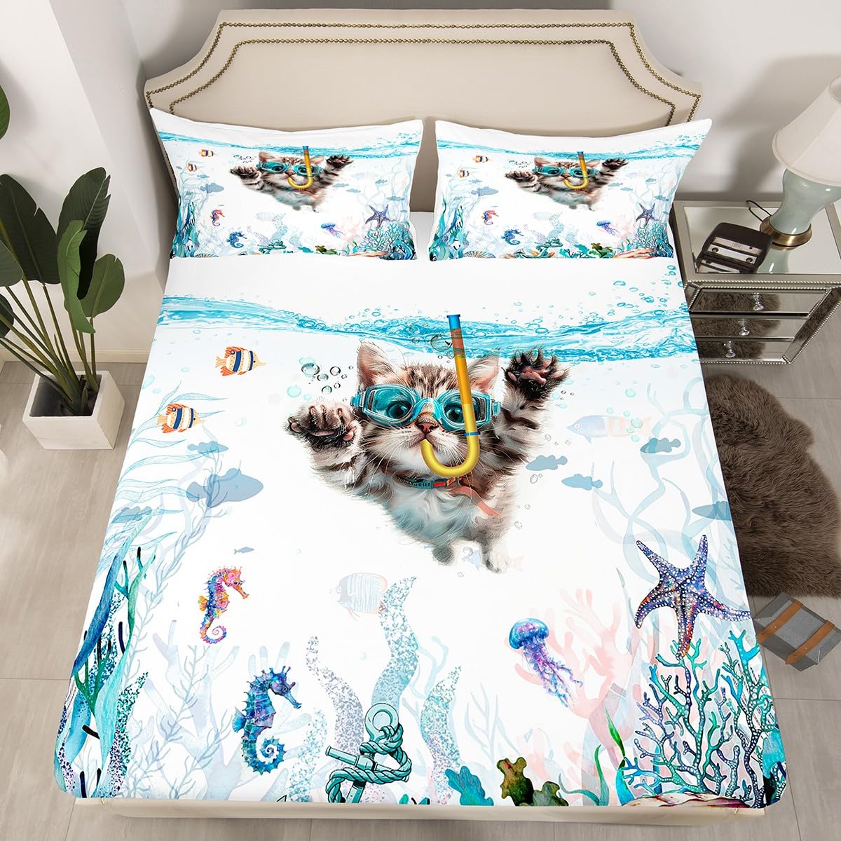 Feelyou Kids Cat Fitted Sheet Twin Size Cats Print Bed Sheet Set for Boys Girls Teens Room Decor Cute Kitten Bedding Set Cute Animal Bed Cover Deep Pocket