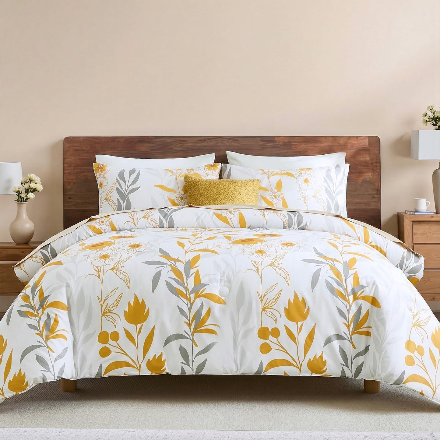 100% Cotton Floral Comforter 3 Pcs Botanical Queen Bedding Set Yellow Flower Grey Leaf Plant Printed Super Soft Cozy Country Rustic Bed Comforter Set All Season