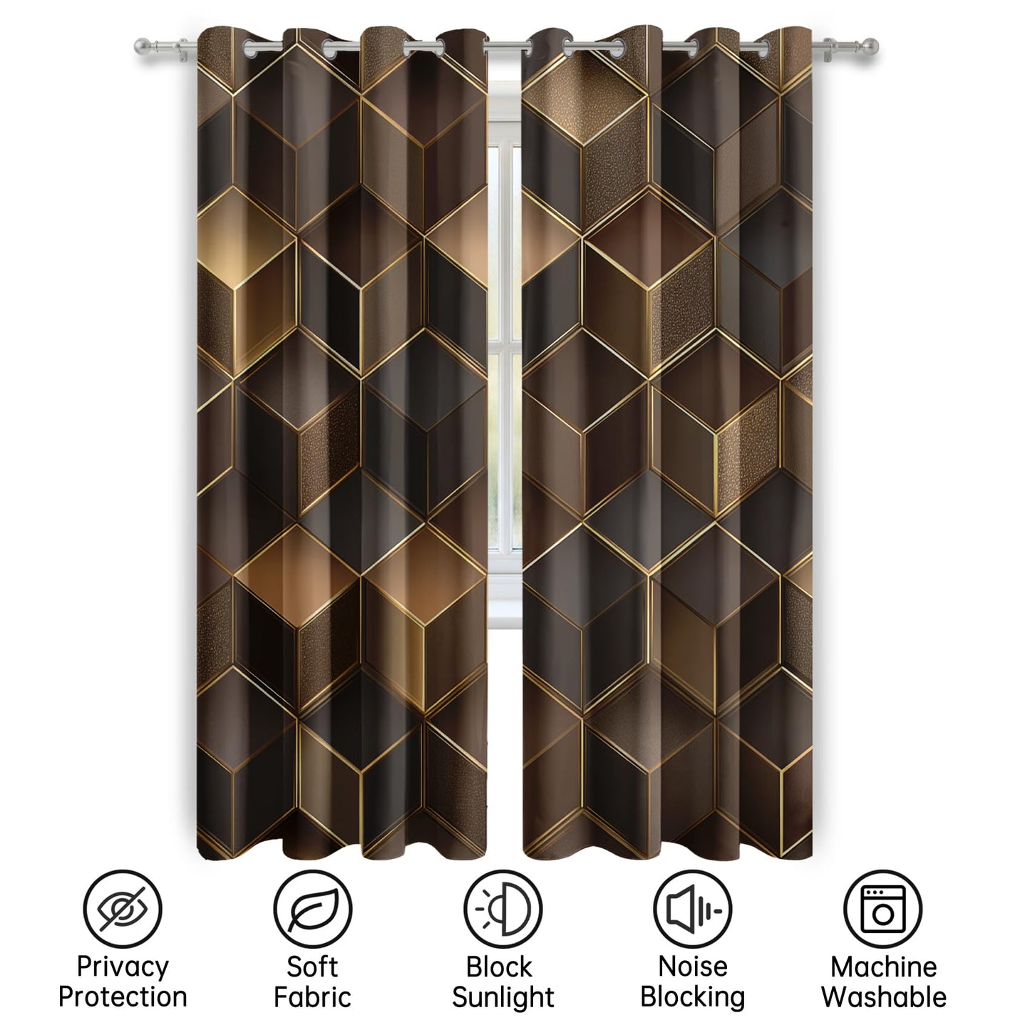 Mistwalk Brown and Gold Curtains 108 Inch Length 2 Panels Set, Patterned Blackout Curtains for Bedroom & Living Room, Room Darkening Thermal Insulated Grommet Drapes, 3D Geometric Window Treatments