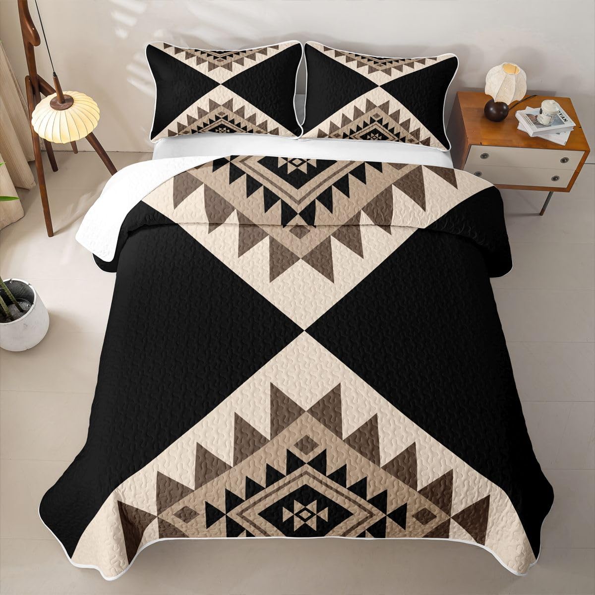 Erosebridal Black Beige Abstract Quilt Modern Boho Western Aztec Quilt Set Twin Size Geometric Stripes Coverlet Minimalist Stylish Art Southwestern Quilted Bedspread Bedroom Decor