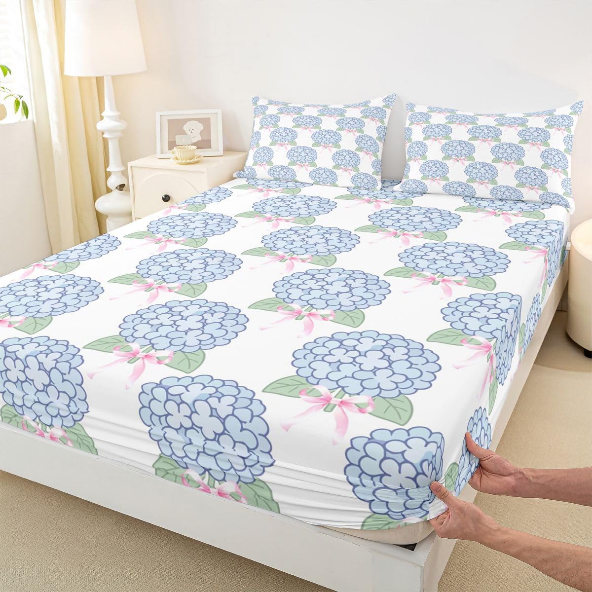 Blue Hydrangea Fitted Sheets Full Size (No Flat),Pink Bows Bedding Set 3Pcs,Kids Teens Woman Room Decor,Hydrangea Floral Bed Sheet Princess Sweet Style Deep Pocket Sheet,2 Pillowcases