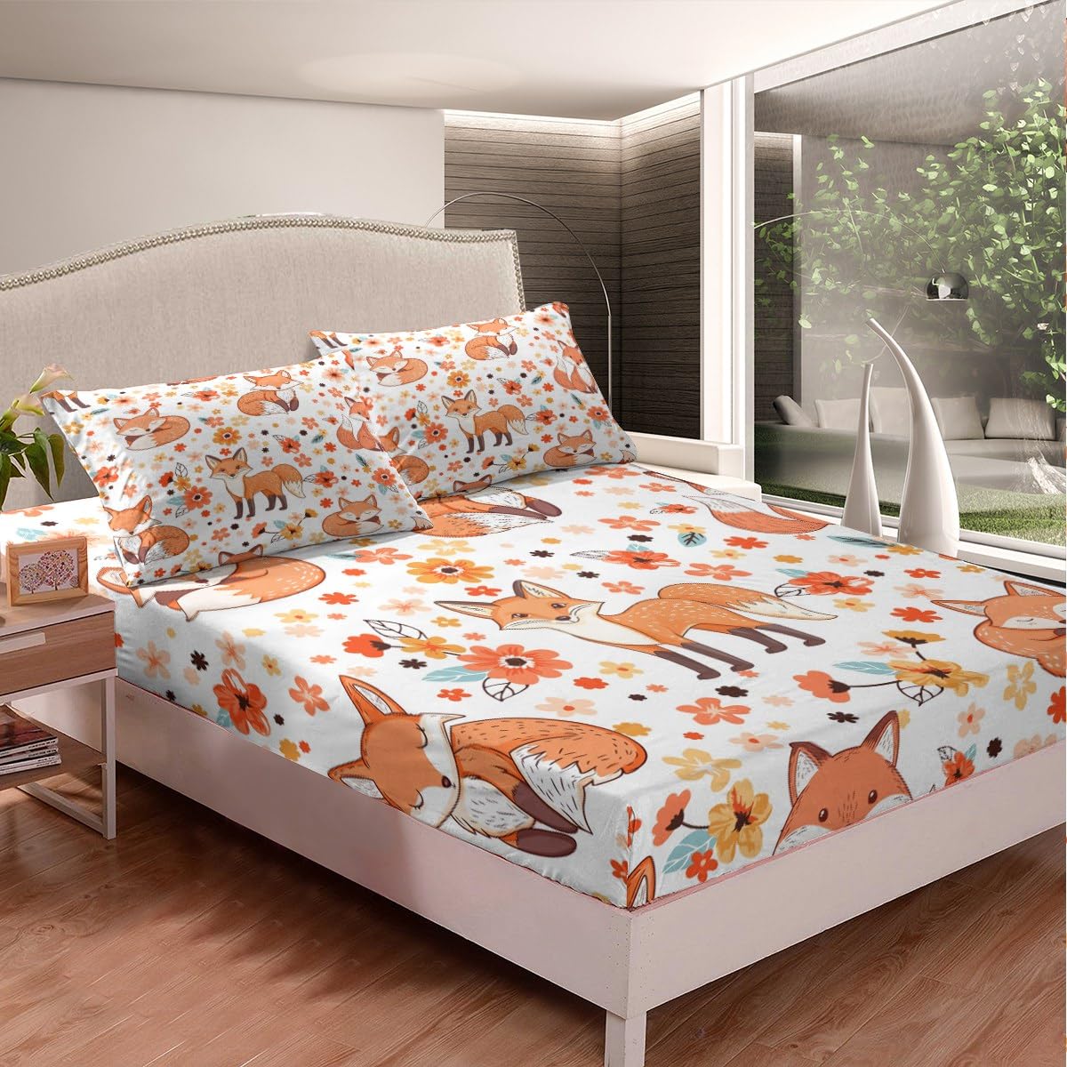 Manfei Cute Fox Kids Fitted Sheet Full Size,Cartoon Animals Toddler Bedding Set,Flowers Plants Rustic Farmhouse Bed Cover,Colorful Lovely Sheet,2 Pillowcases,Full (54*75*16'') (ZZRS700GYY-CL_USf)