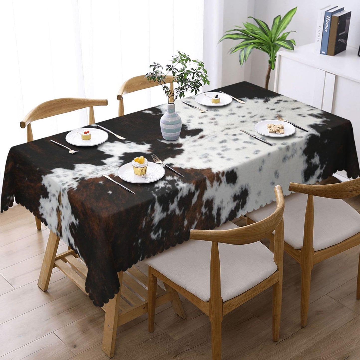 GOUROISE White and Brown Cow Print Rectangular Tablecloth, Animals Skin 54x72 Inch Wavy Lace Border Polyester Table Cloth for Dining, Kitchen, Parties