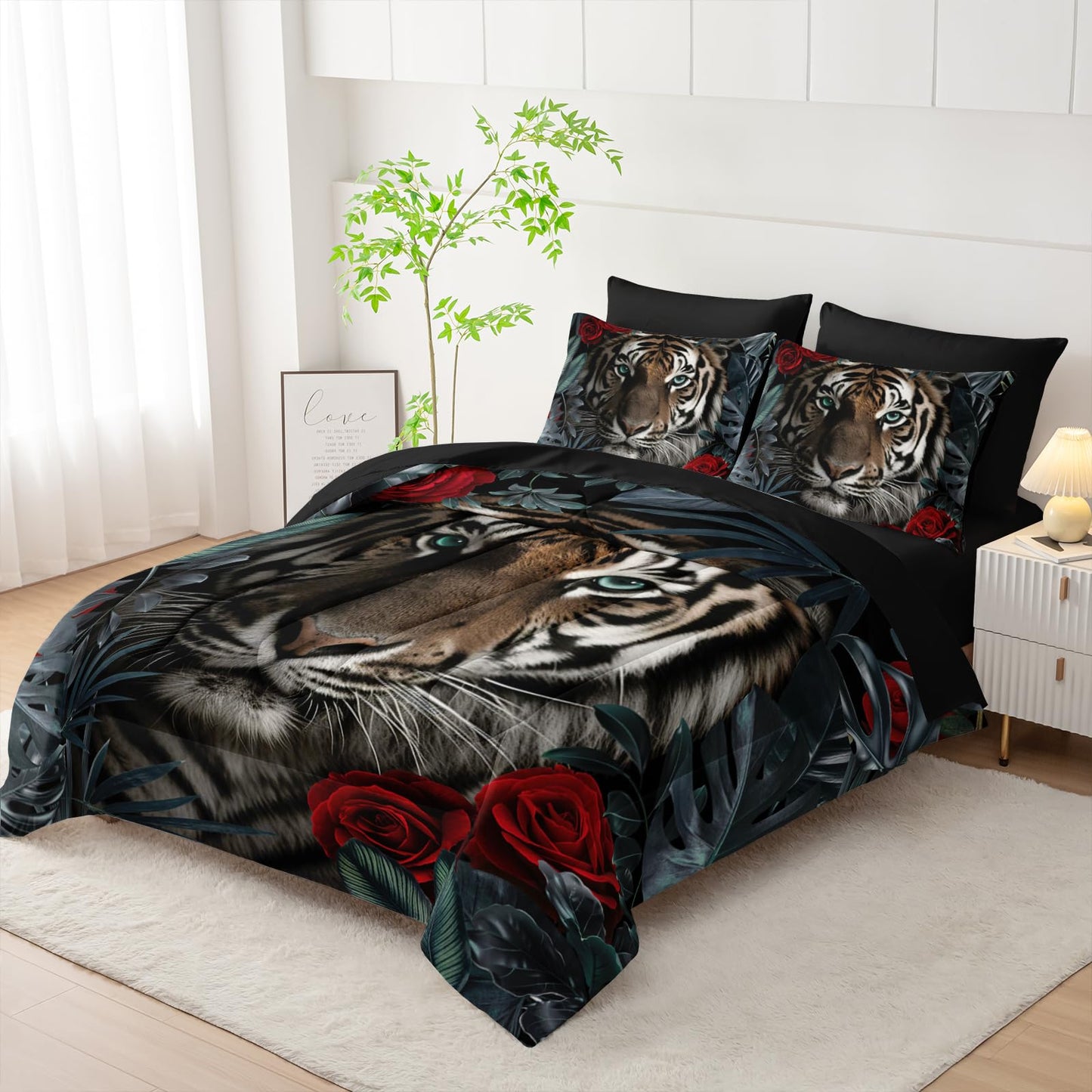 Nttopship Boys Tiger Comforter Set Bed in A Bag Twin Size 7PCS Red Rose Bedding Set,Bed Sheet Set Wild Animal Printed Room Decor for Girls Boys Kids,Microfiber Lightweight All Season