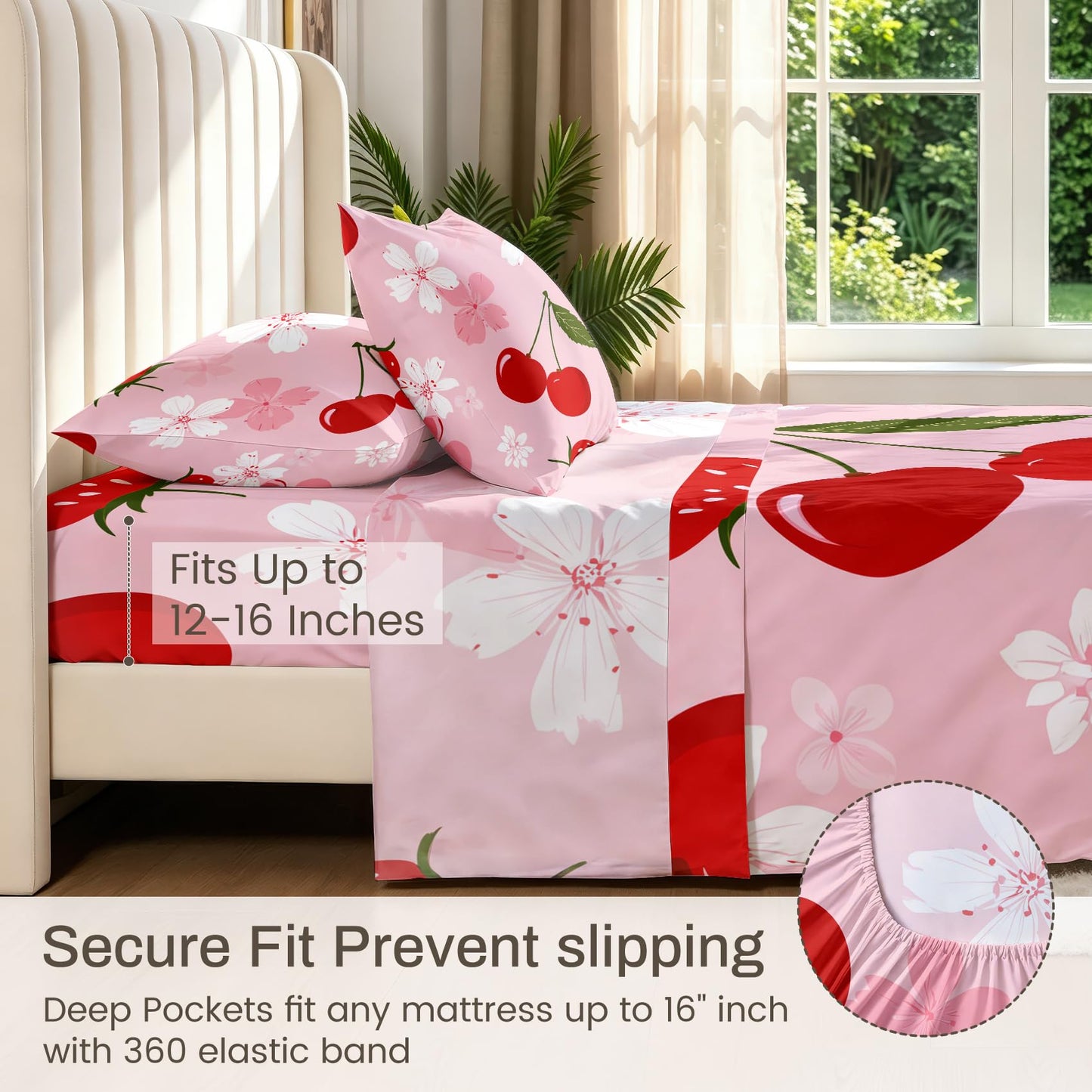 Cherry Blossom Sheet Set, 4 Pcs Full Size Girls Pink Bed Sheets