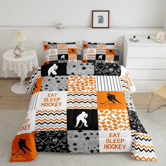 Erosebridal Ice Hockey Comforter Set, Ice Hockey Player Bedding Set Full Size, Winter Puck Sports Down Comforter Geometric Stripes Lines Duvet Sets for Kids Boys Teens Adult Room Decor, Orange
