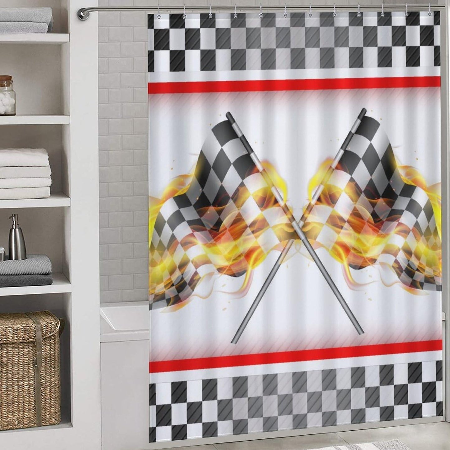 Racing Car Shower Curtain for Bathroom, Race Flag Game Theme Checkered Firing White and Black Flag for Kids Boys Waterproof Fabric Shower Curtain Set with Hooks, 72"x72" Inch