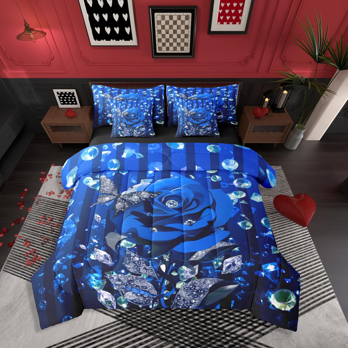 Erosebridal Blue Rose Floral Queen Bedding Set 7 Piece Romantic Valentine Bed in A Bag with Sheets Stripes Diamond Butterflies Comforter Set for Women Men Adults,Lovers Modern Fashion Bed Sets