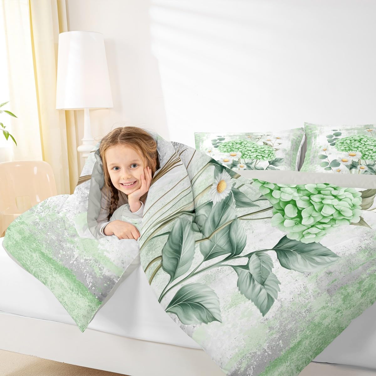 Erosebridal Green Hydrangea Flower Queen Comforter Set Spring Blossom Bedding Set Abstract Oil Painting Bed Set Watercolor Floral Rustic Farmhouse Quilt Set Ombre Green Grey Design for Adults