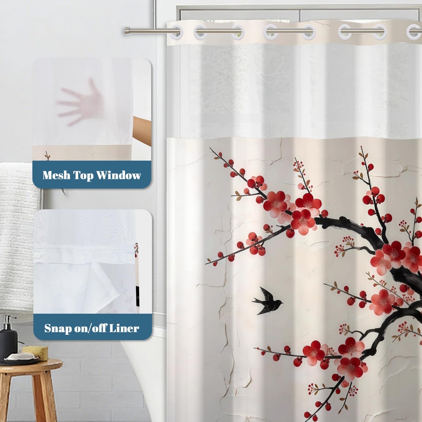 Xiazhilaio Plum Blossom Shower Curtain with Snap in Liner, 71x74 Inch