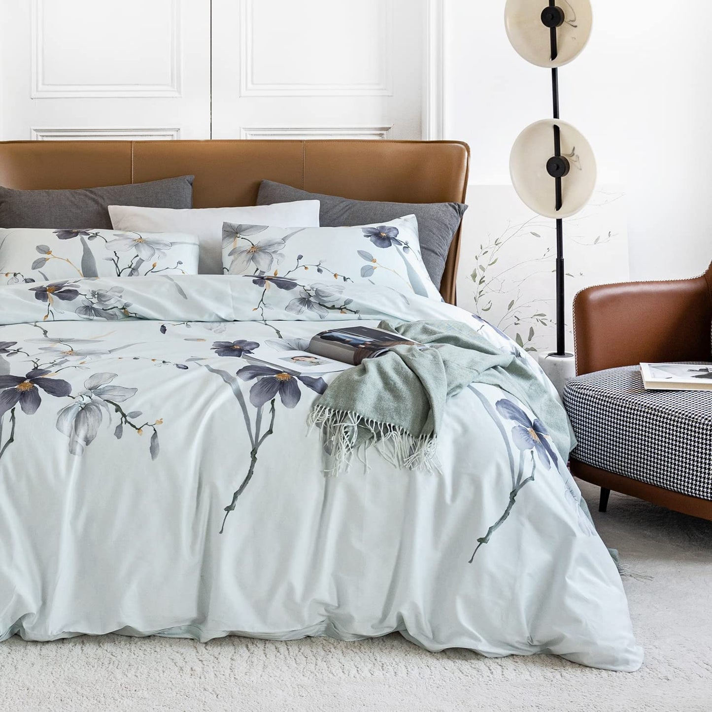YuHeGuoJi Grey Floral Duvet Cover King 100% Egyptian Cotton 3 Pcs Set 1 Light Blue Botanical Duvet Cover with Zipper Ties 2 Pillowcases Garden Gray Plant Flower Bedding Set Soft