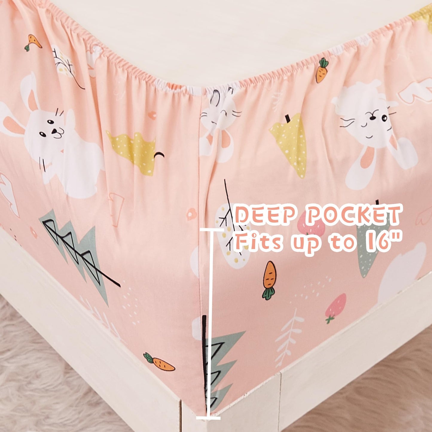 Yibeizi Pink Bunny Twin Sheets Set for Girls, Kids Cute Bedsheets Microfiber Deep Pocket Bed Sheet & Pillowcase Sets 3 Pieces