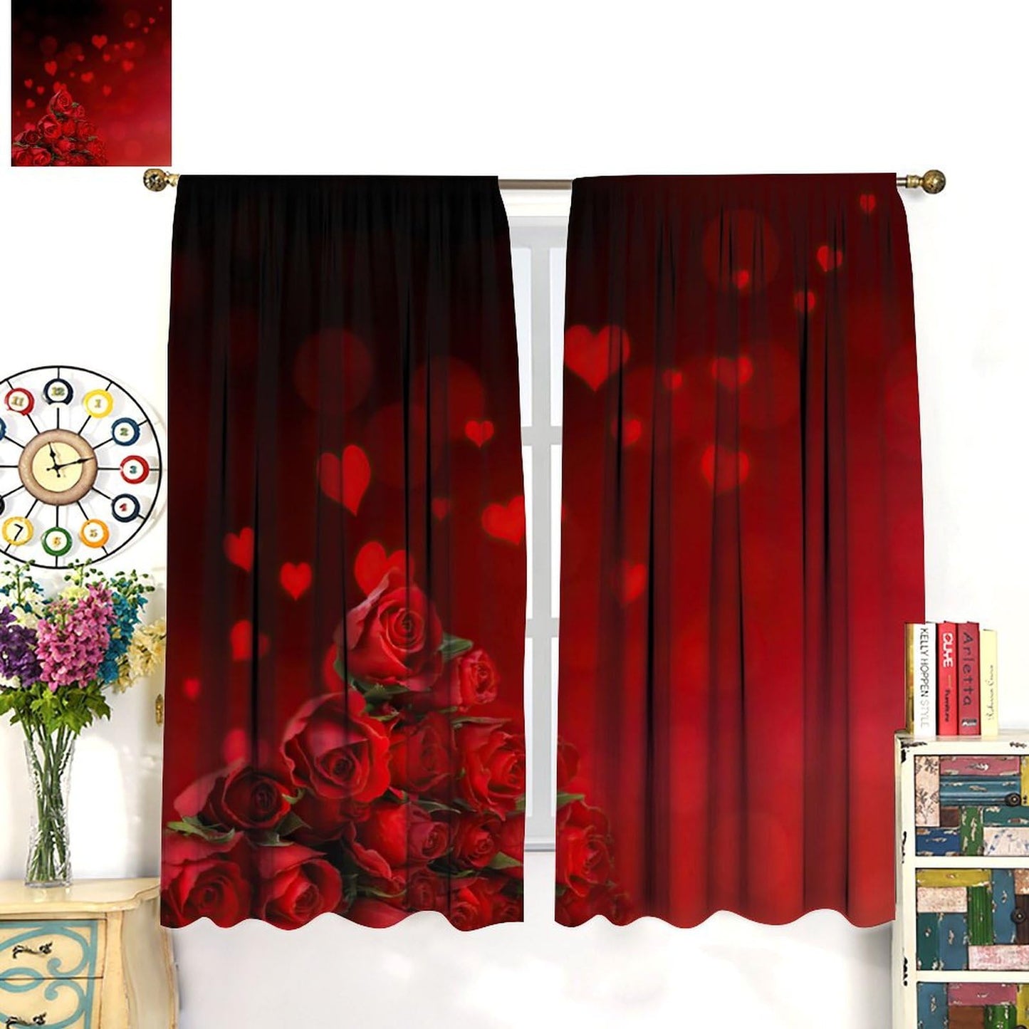 GoDazzling Red Rose Flowers Valentine’s Day Curtains, Romantic Love Pattern Curtains, for Bedroom Living Room Valentine Day Window Drapes 41" W X 45" L (No Blackout)