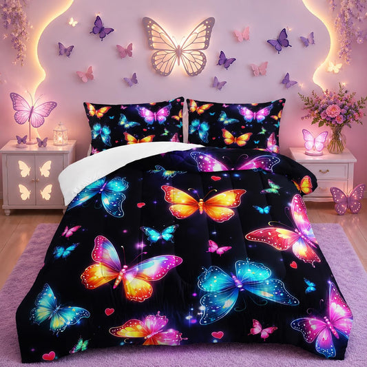 XYNHML Colorful Gradient Butterfly Comforter 3Pcs Queen Tie-Dye Heart Pattern Bedding Set for Kid Teen Girl Boy Adult Sparkling Aesthetics Butterfly Quilt Bed Decor with 1 Comforter and 2 Pillowcases