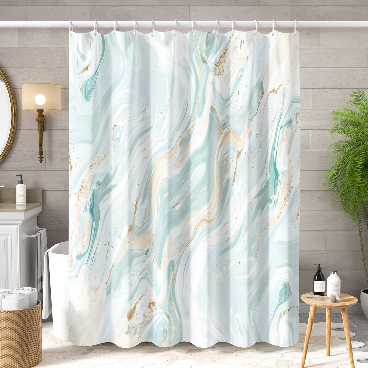 Sillsloso Modern Marble Shower Curtain Abstract Green Gold Marble Bathroom Curtain Luxury Jade Texture Bath Decor Waterproof Polyester Fabric Curtains Set with Hooks 72x72 inch