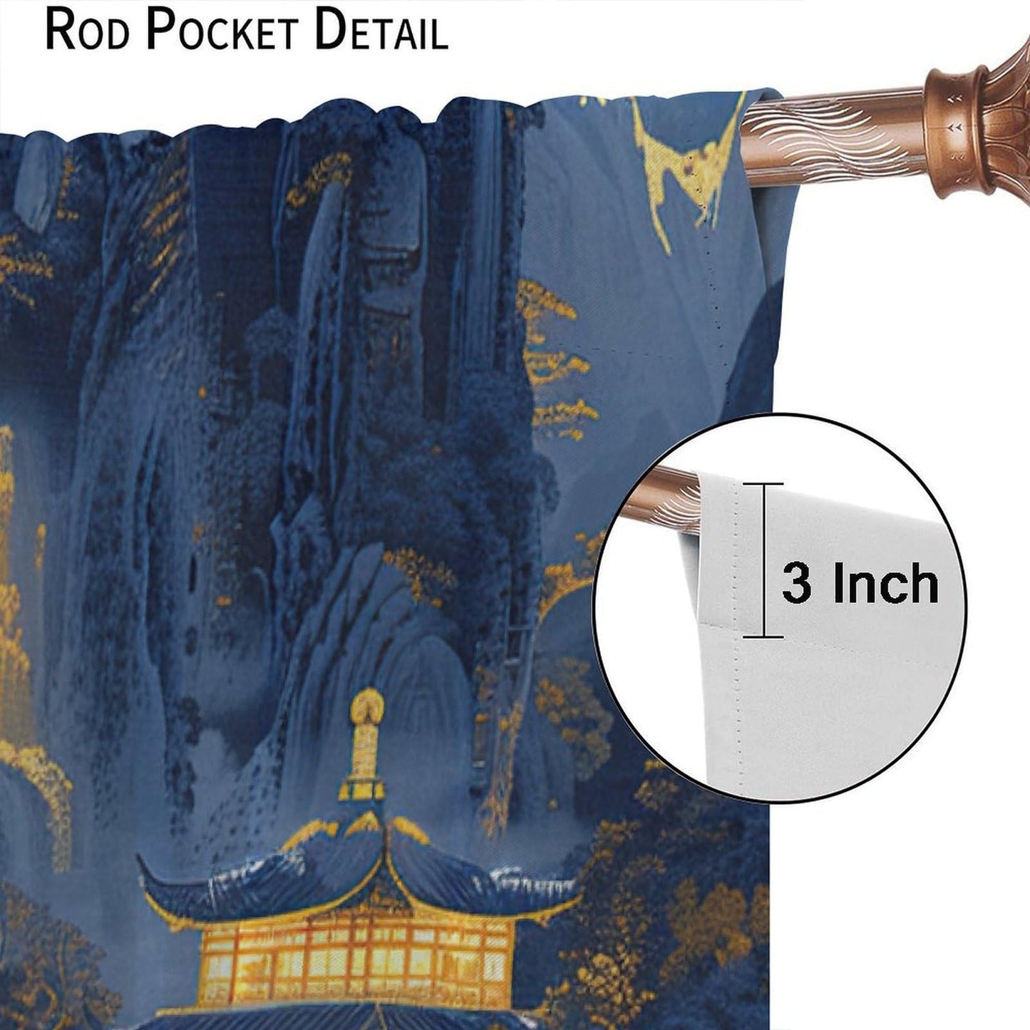 VUMIVI Oriental Landscape Curtains Retro House Gold-Threaded Blue Painting Traditional Chinese Art Rod Pocket Window Treatments for Bedroom Kitchen Living Dining Apartment Dorms Cafe 42" W X 44.5" L