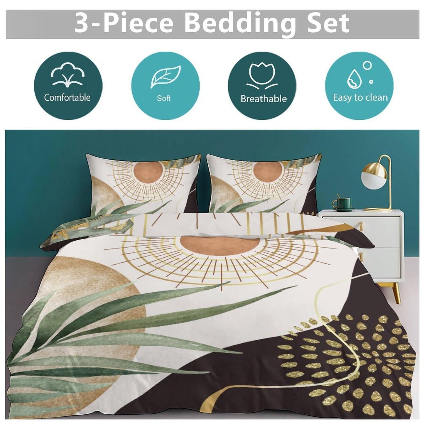 Lnepty Boho Sunrise Bedding Set,Mid Century Aesthetic Tropical Palm Leaves Abstract Minimalist Comforter Set with Pillowcase for Bedroom Bed Decor，Twin 86"x70"