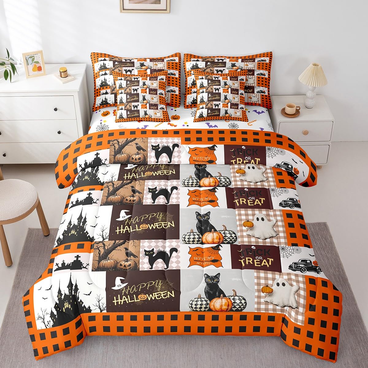 Erosebridal Plaid Halloween Bed in A Bag with Sheets Orange Cartoon Halloween Bedding Set Pumpkin Ghost Twin Comforter Set 7 Piece for Boys Girls Kids Gothic Black Cat Castle Bed Set