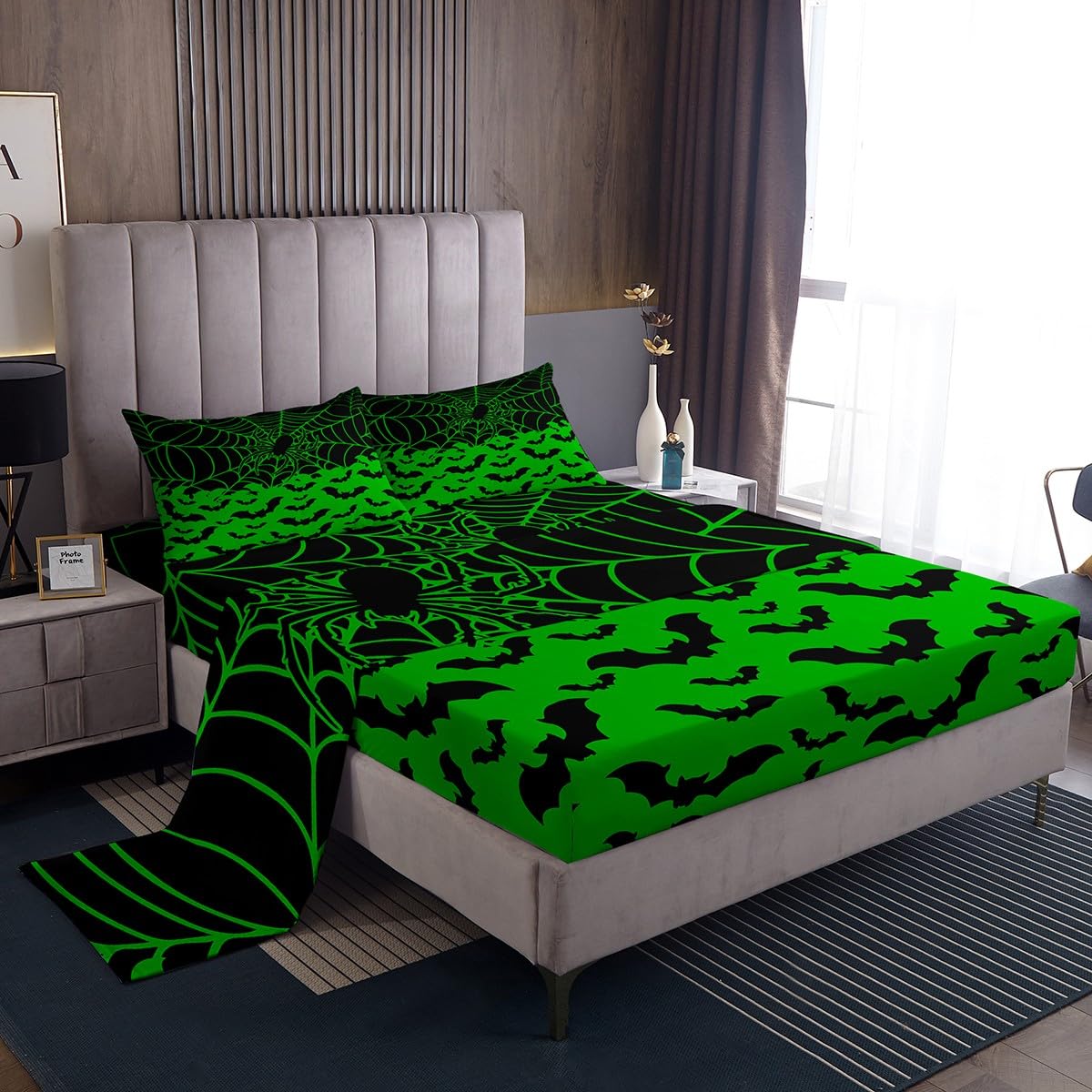 Feelyou Bat Halloween Sheets Set Cute Green Halloween Themed Twin Size Bedding Set Decoration for Kids Boys Girls Spider Web Fitted Sheet Cute Bed Sheet Set Collection