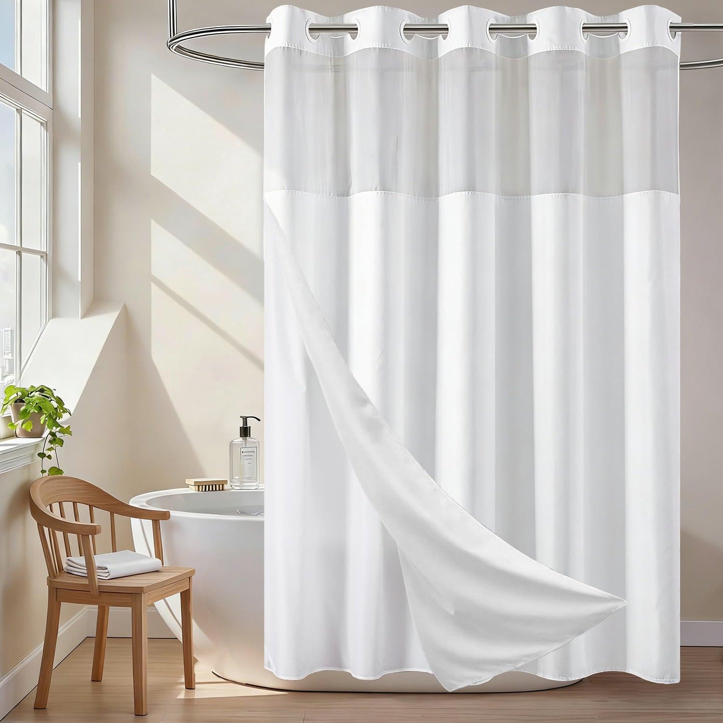 TWLSNCD No Hook Shower Curtain with Snap in Liner, White Shower Curtains and Liner Set, Hotel Fabric Bath Curtain for Bathroom, Mesh Top Window Waterproof Washable, 71" x 74"