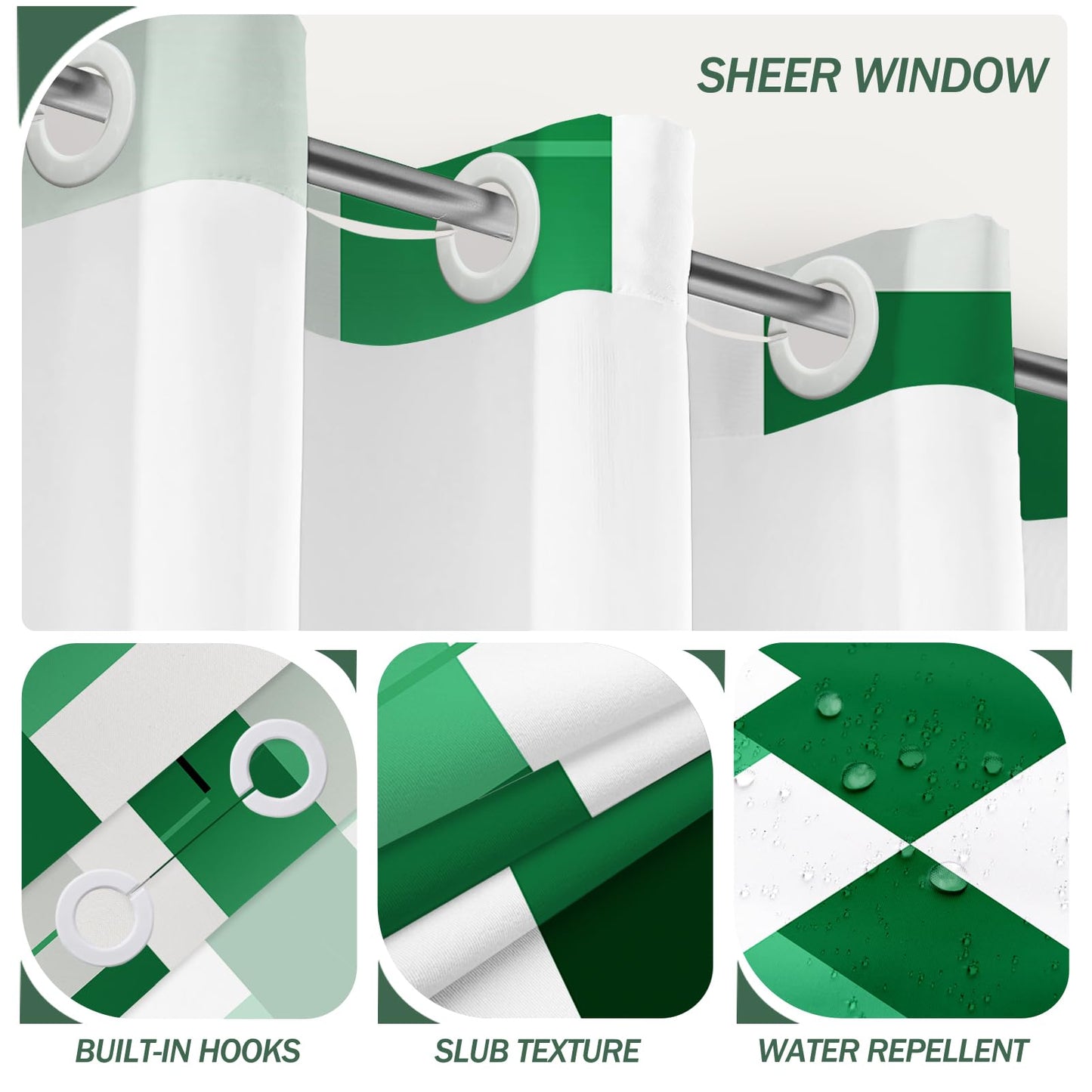 Green Hookless Shower Curtain Set with Snap in Liner, Green White Bathroom Decor, 71x74 Inches, Geometric Bathroom Curtain with Liner and See Through Top Window