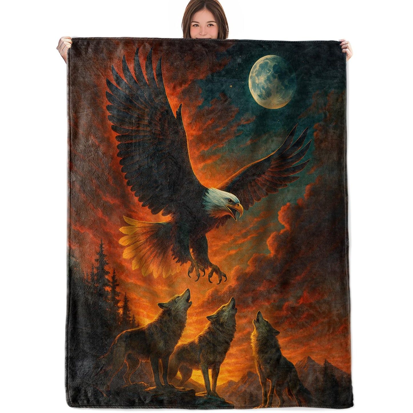 RQTWC Wolf and Eagle Throw Blanket Gifts for Boys Girls Kids Adults, Bald Eagle Flannel Blankets for Travel Sofa Living Room Decor 50"X60"
