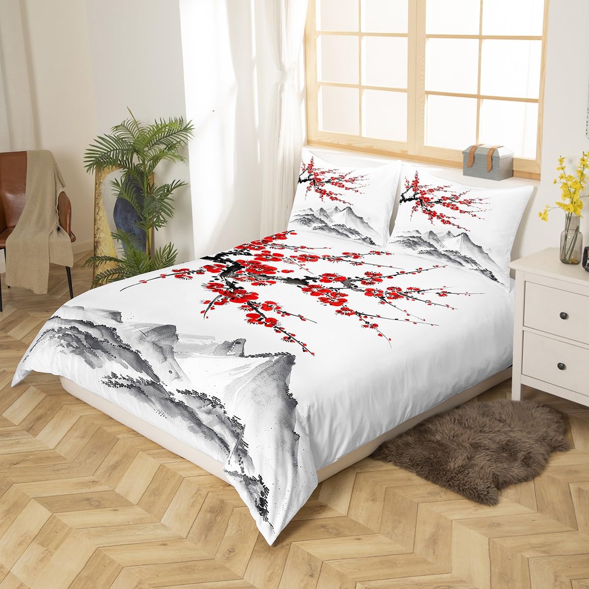 Japanese-Style Comforter Cover Red Cherry Blossoms Printed Bedding Set Mount Fuji Duvet Cover Ink Painting Black White Pattern Bedspread for Adult Women Teen Girls Soft Microfiber Quilt Set, Full