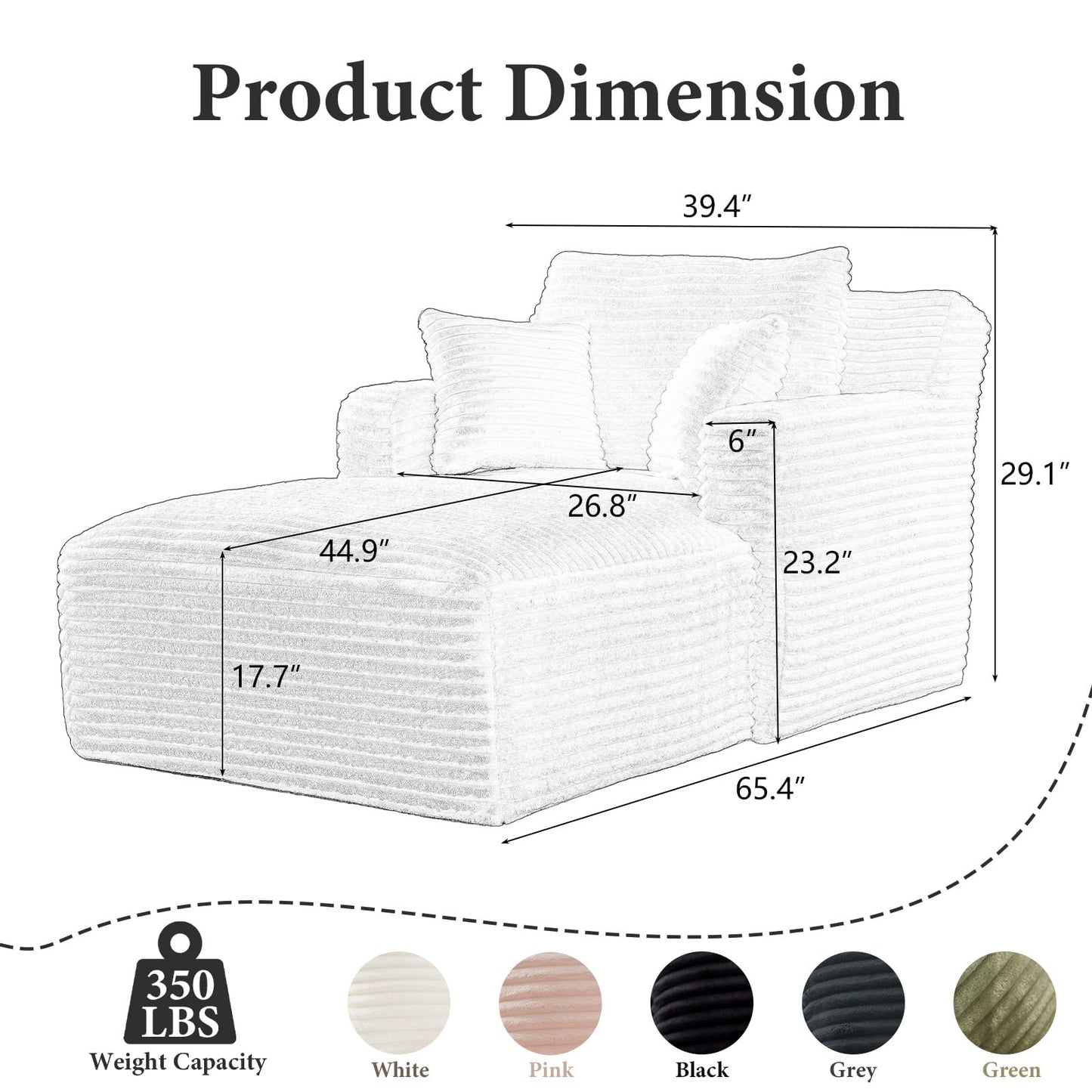 VEPXXP 65.4" Chaise Lounge Chair Indoor, Oversized Boneless Couch Comfy Upholstered Sleeper Sofa Bed with 3 Pillows, Corduroy Cloud Reading Chair for Living Room No Assembly Required, Black