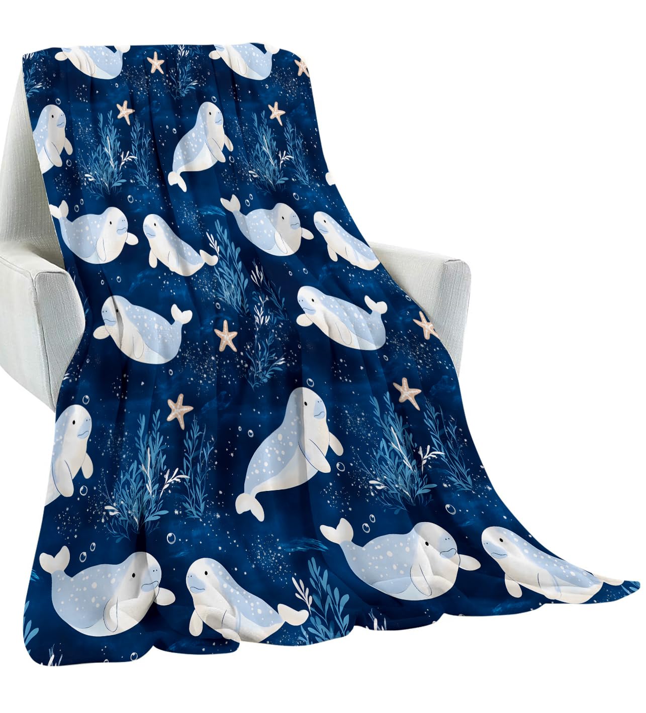 amepay Cartoon Manatee Blanket Gifts for Kids Girls Women,Cute Ocean-Themed Navy Blue and White Throw Blankets,Soft Comfy Lightweight for Room Couch Bed Modern Stylish Decor,Sea Life Lover 60x50in