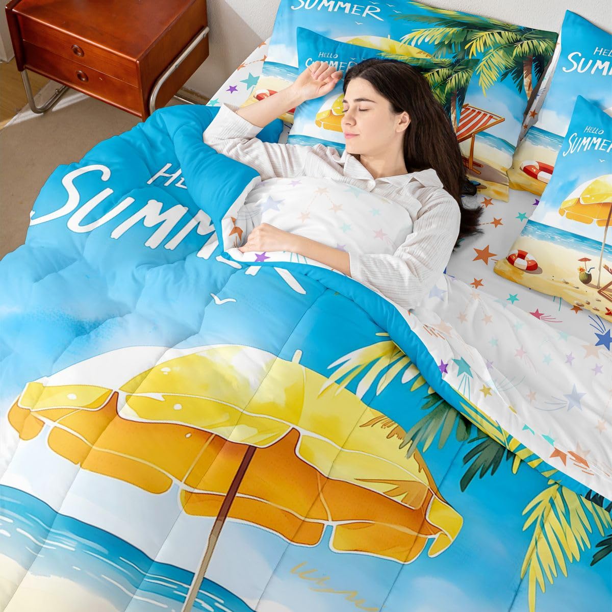Erosebridal Beach Chair Summer Queen Bedding Set Tropical Palm Tree Comforter Set Kids Adults Cartoon Seashell Starfish 7-Piece Bed in a Bag Hello Summer Seaside Vacation Quilt Sets