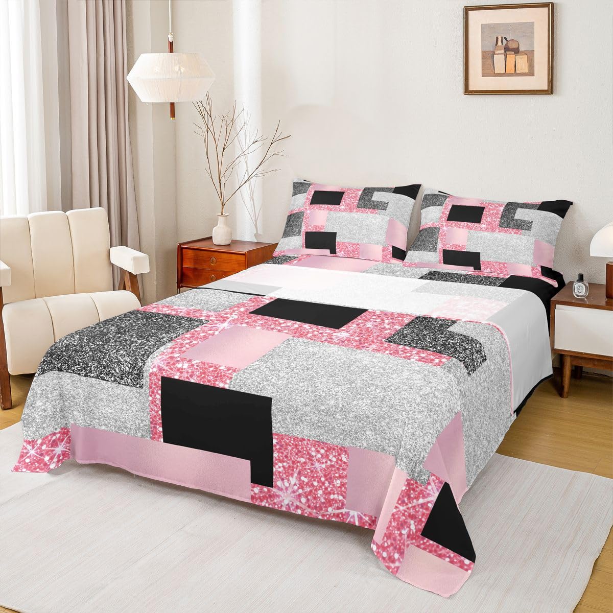 Feelyou Modern Abstract Bed Sheets Set Queen Size Geometric Aesthetic Deep Pocket Fitted Sheet Red Glitter Bedding Sets Soft Bed Set 4Pcs with 2 Pillow Cases