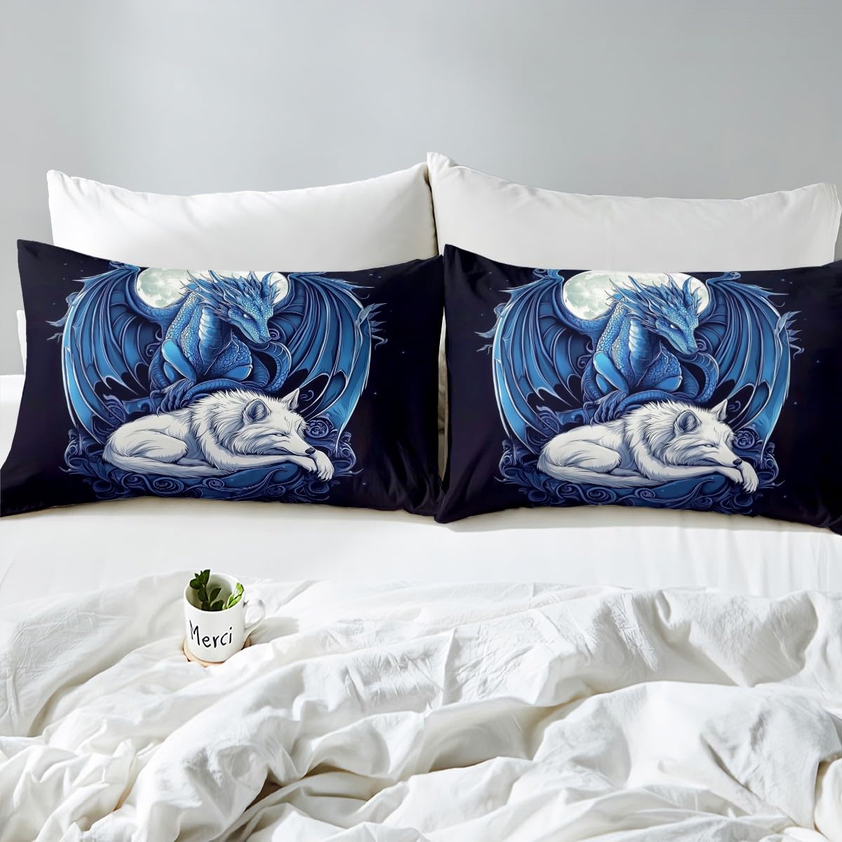 Erosebridal Dragon Comforter Set Full Size for Boys, Wolf Animals Bedding Set, Tribal Exotic Wildlife Down Comforter for Boys Adult Men Room, Moon Starry Sky Quilt, Black Blue