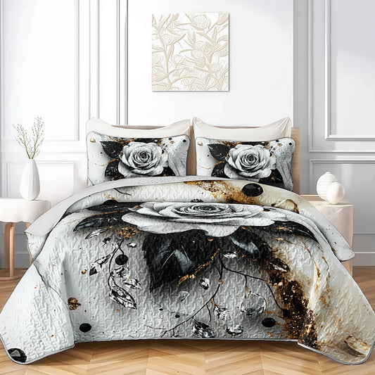 QOOMO Cartoon Flowers Kids Quilt Set,Plant Print Bedding Set Twin Size,Black White Room Decoration Soft and Lightweight for All Seasons,1 Quilt Set 2 Pillowcases
