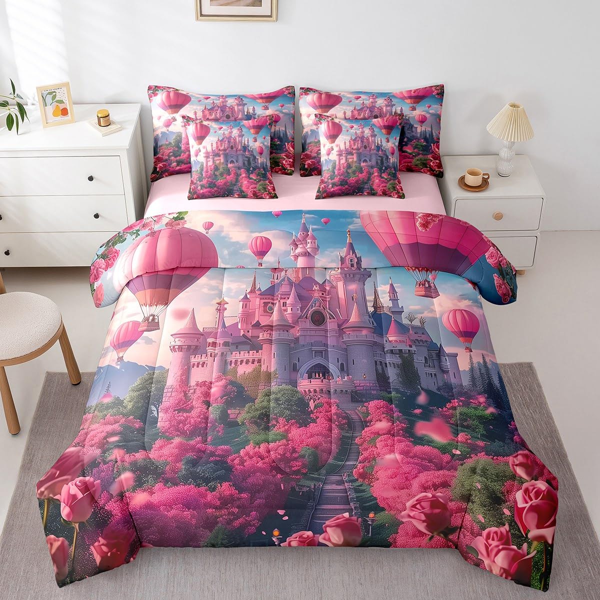 Erosebridal Kids Dreamy Castle Comforter Set King,Sea of Rose Flowers Bedding Set 7Pcs for Girls Teens,Funny Hot Air Balloon Print Bed in a Bag,Floral Leaves Botanical Quilt