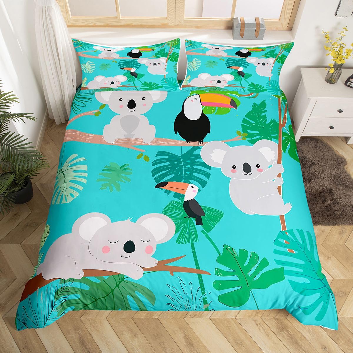 Kids Koala Duvet Cover Cute Animal Pattern Bedding Set Palm Leaf Comforter Cover for Boys Girls Children Room Decor Lightweight Cartoon Koala Printed Bedspread Cover Queen Size With 2 Pillow Case