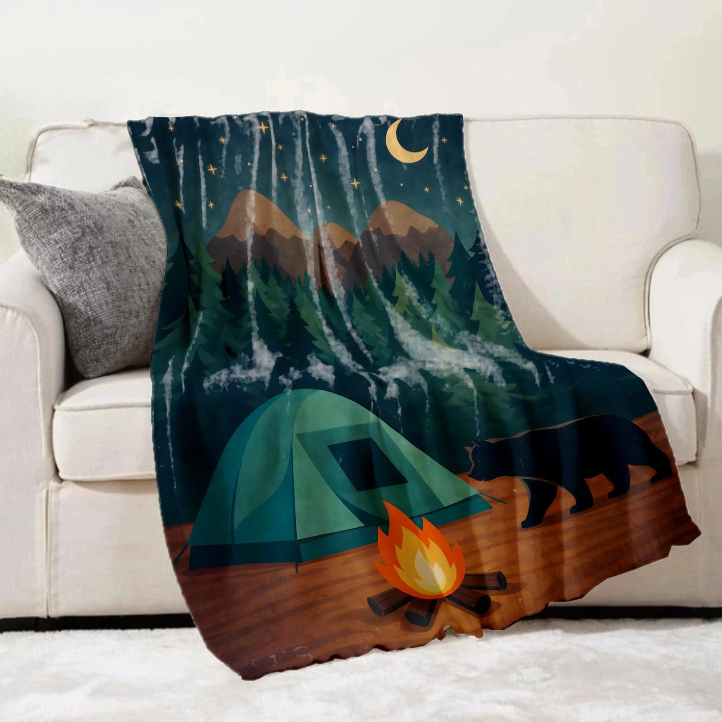 Turamurra Camping Night Forest Throw Blanket Gifts for Kids Women, Bear Campfire Mountain Wilderness Blankets for Home, Living Room, Bedroom Decor, Flannel Plush 50"x60"