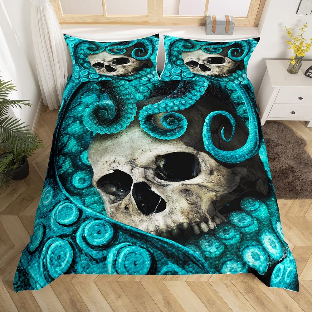 Feelyou Octopus Duvet Cover Set King Size Skull Bedding Set 3D Print Blue Decorative Luxury Horror Microfiber Polyester Comforter Cover with 2 Pillow Shams, Zipper, Marine Life, 3 Pieces