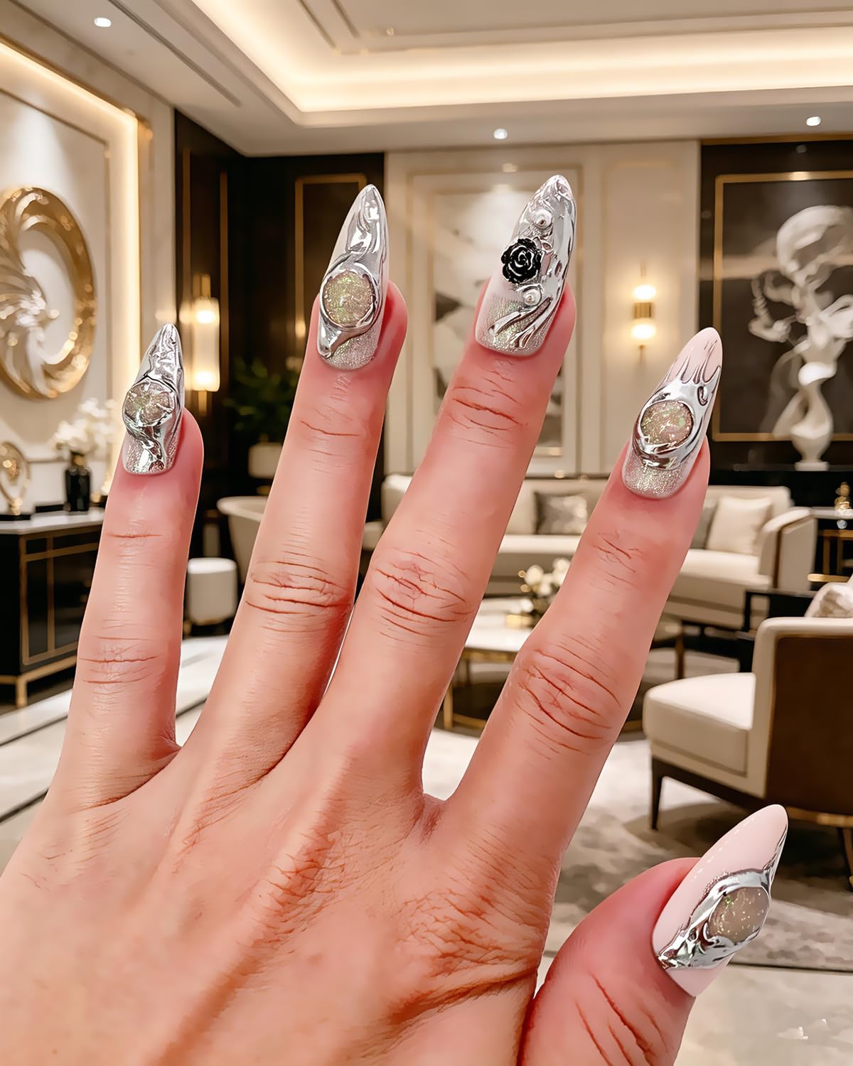 CAMILCY Luxury Handmade Press on Nails Y2K Gothic Press on Nails Almond Shape Handmade Chrome Silver Metallic Fake Nails 3D Black Rose Glitter Pink Acrylic Stick on Nails for Women(A69, M)