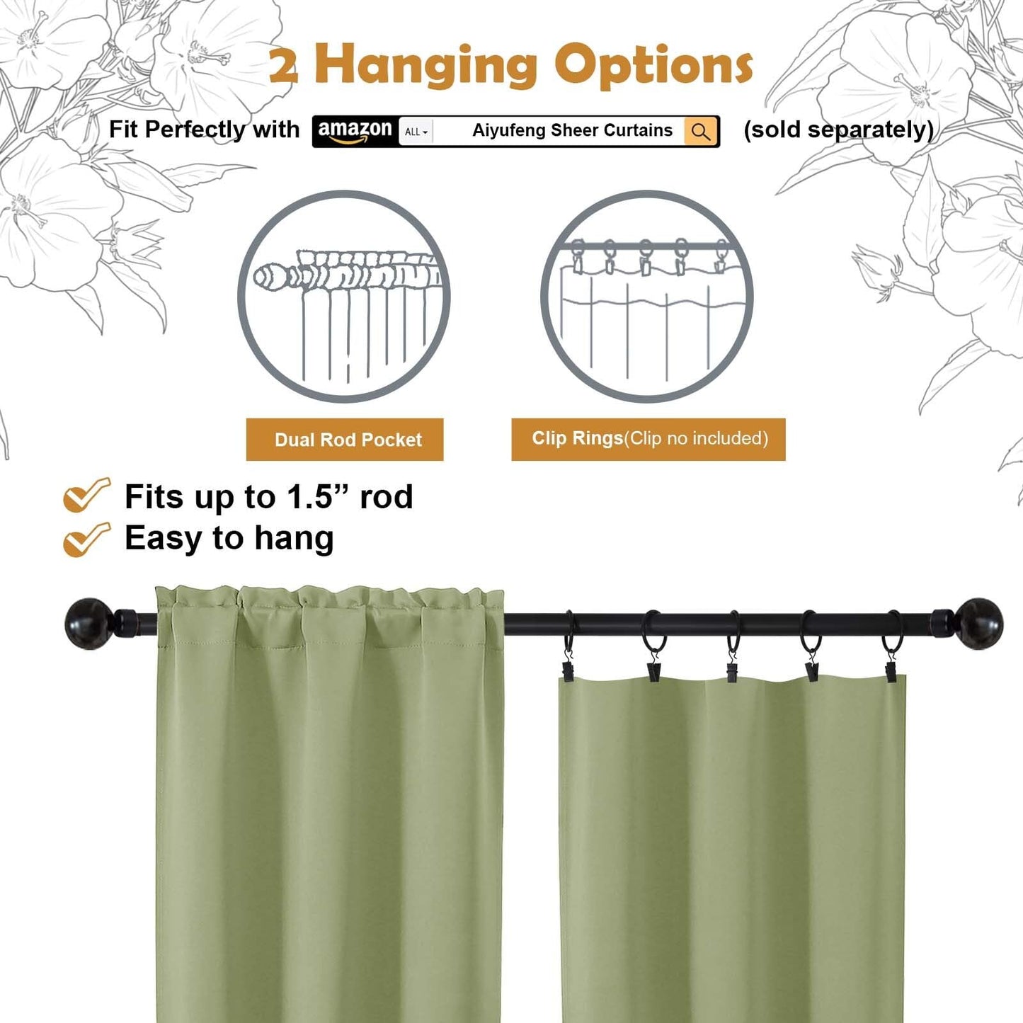 Aiyufeng Sage Green Blackout Curtains for Bedroom 63 Inch Length 2 Panels Set, Solid Thermal Insulated Energy Saving Rod Pocket Window Treatment Curtains Blackout Drapes, W40 x L63 Inch, Sage