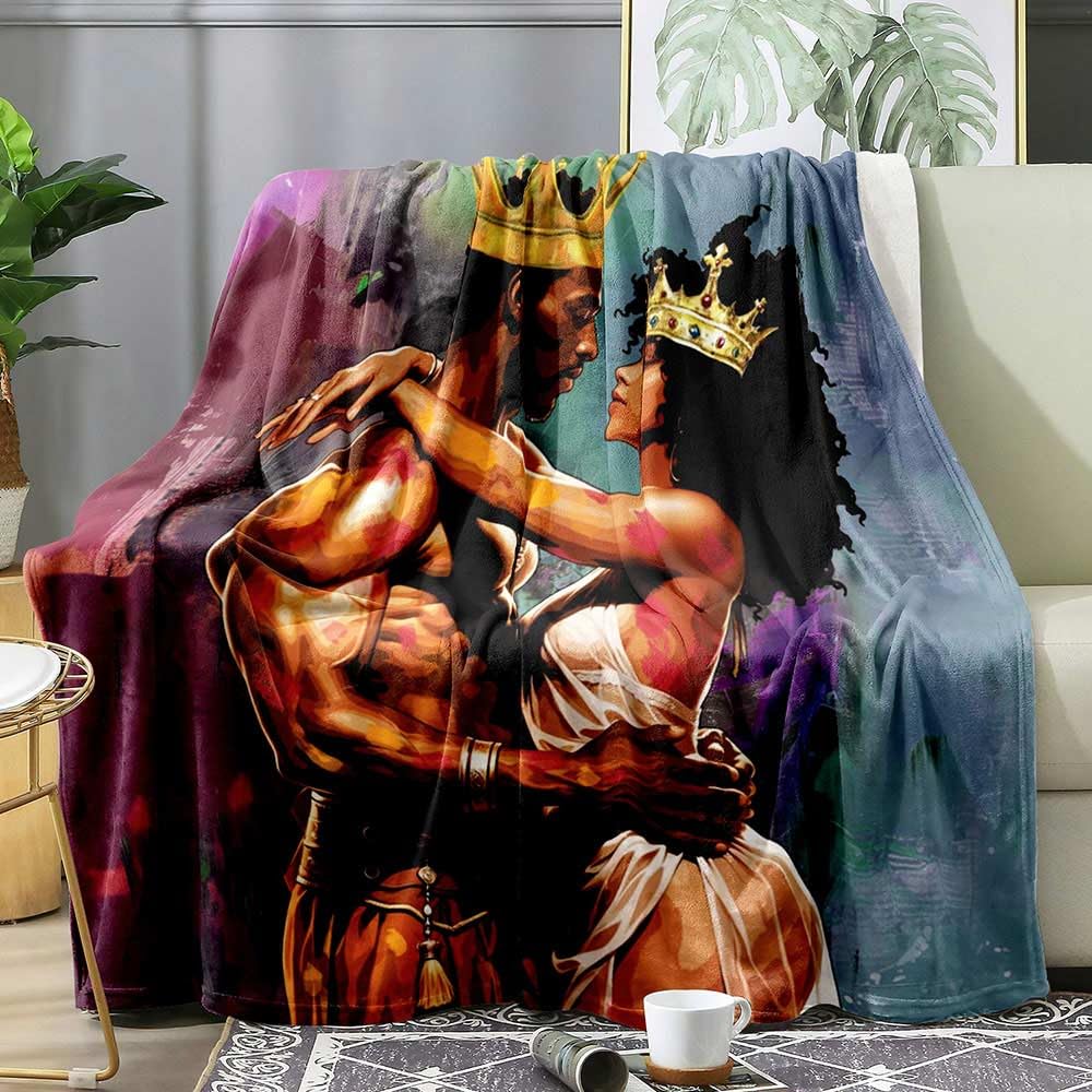 Camille&Andrew African American Throw Blanket, Oil Painting Gold Crown Afro King Queen Black Woman Man Black Couple Blanket, Cozy Soft Flannel Blanket for Couch Sofa Bed, 50"x60"