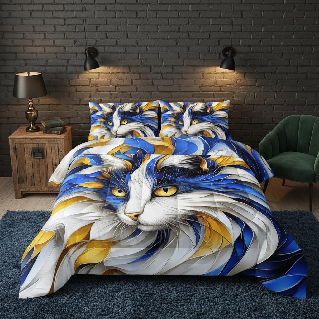 QOOMO Cartoon Cat Kids Bedding Set,Cute Animal Print Comforter Set for Boys Girls Teen Room Decorat,Soft Lightweight Bed Set All Season Queen Size,1 Comforter Set 2 Pillowcases