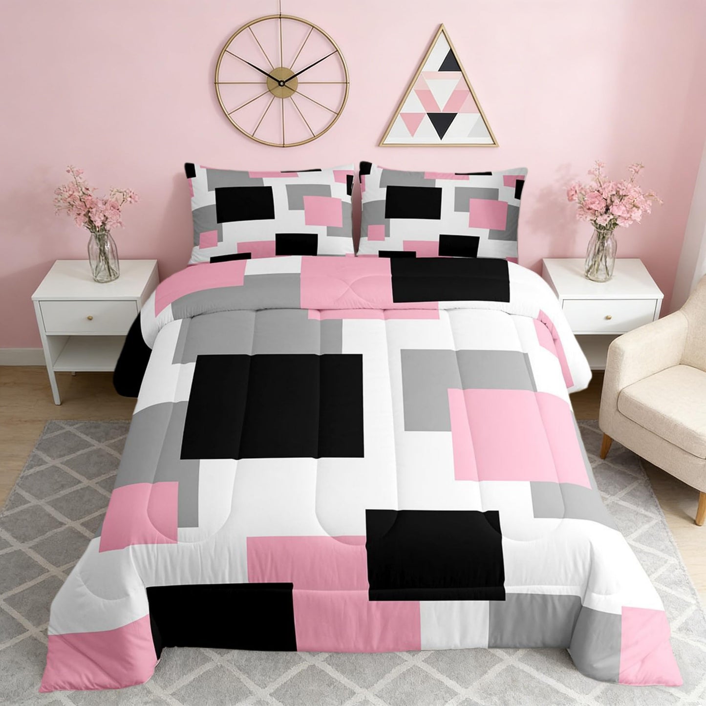 Castle Fairy Pink Black White Bed Comforter Set Queen Size,Geometric Grid Square Splicing Super Soft Microfiber Bedding Set for Kids Room Decor,Modern Abstract Comforter Set,2 Pillowcases